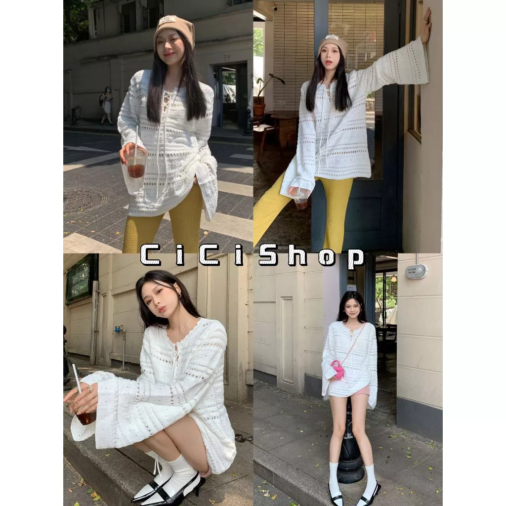 Cicishop (ZH678) เสื้อคอวีแขนยาวเนื้อผ้าไหมพรมถักดีเทลแต่งเชือกไขว้ด้านหน้าสลับกัน สไตล์ฝรั่งเศส