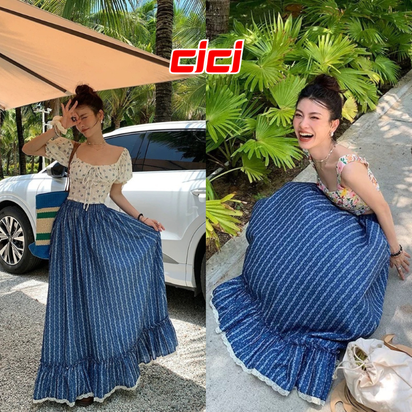 Cici(NO.626) กระโปรงยาวลายริ้วยาว เอวสม๊อค ดีเทลต่อชายแต่งระบาย สไตล์สาวหวาน