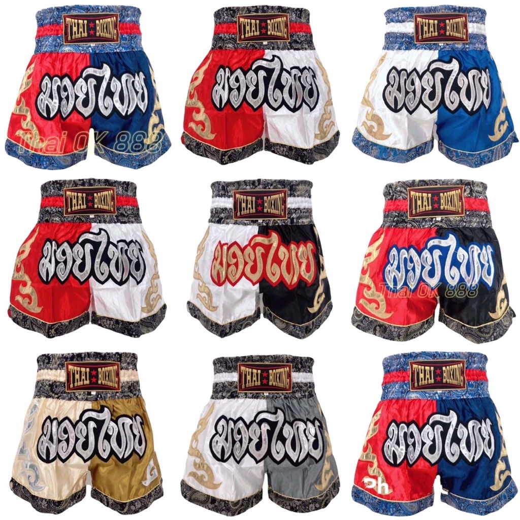 กางเกงมวยไทยผู้ใหญ่และเด็ก ผ้าซาติน เนื้อผ้าดี งานปักอักษรมวยไทย Thai boxing พร้อมส่ง ราคาสุดคุ้ม