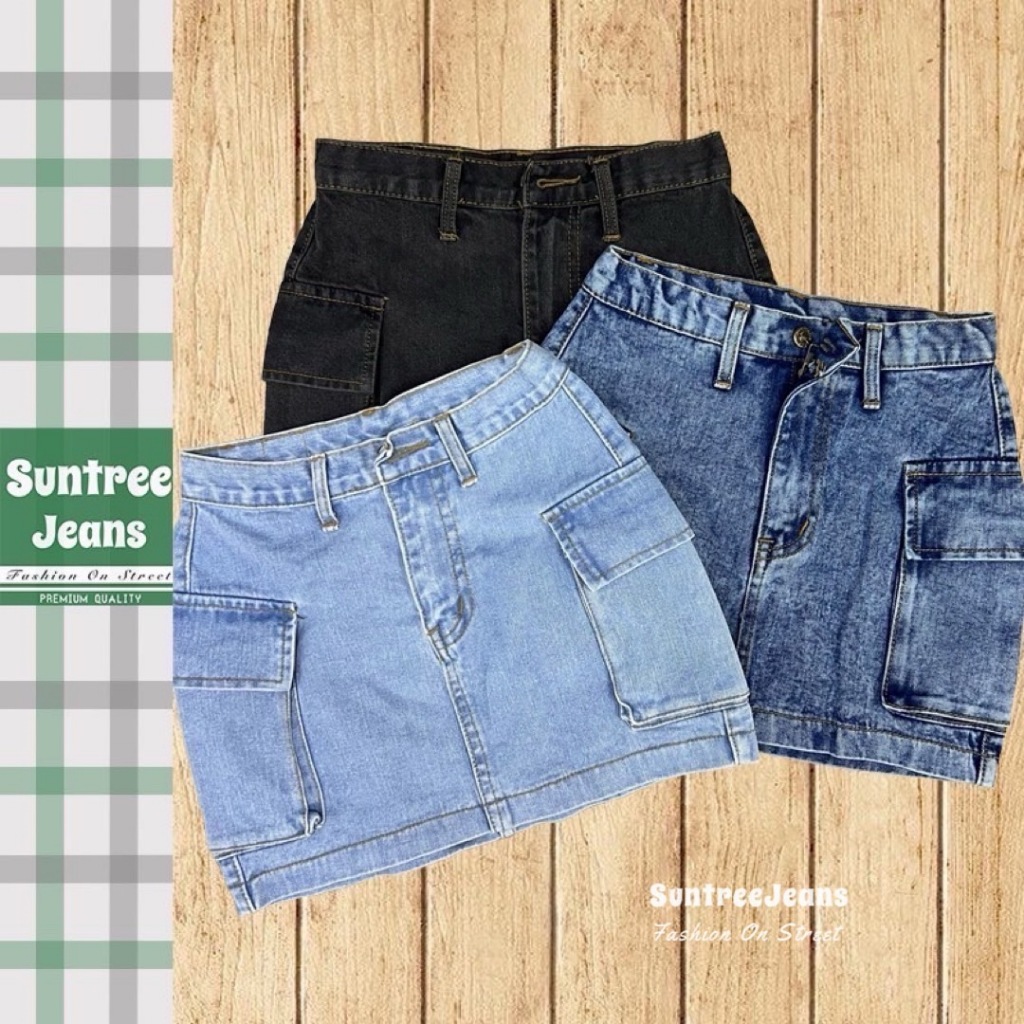 SuntreeJeans  กระโปรงยีนส์ สั้น ทรงเอเก๋ๆ แต่งกระเป๋าคาร์โก้ข้างๆ ยาว 14 นิ้ว ไซส์ S-XL  มี 3 สี