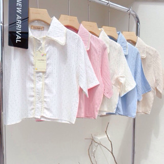 maybeshop🦋เสื้อเชิ้ตคอปกแขนสั้นแต่งขอบลูกไม้