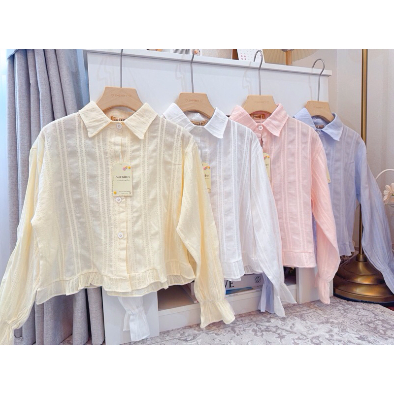 maybeshop เสื้อเชิ้ตคอปกแขนยาวผ้าคอตตอลลูกไม้