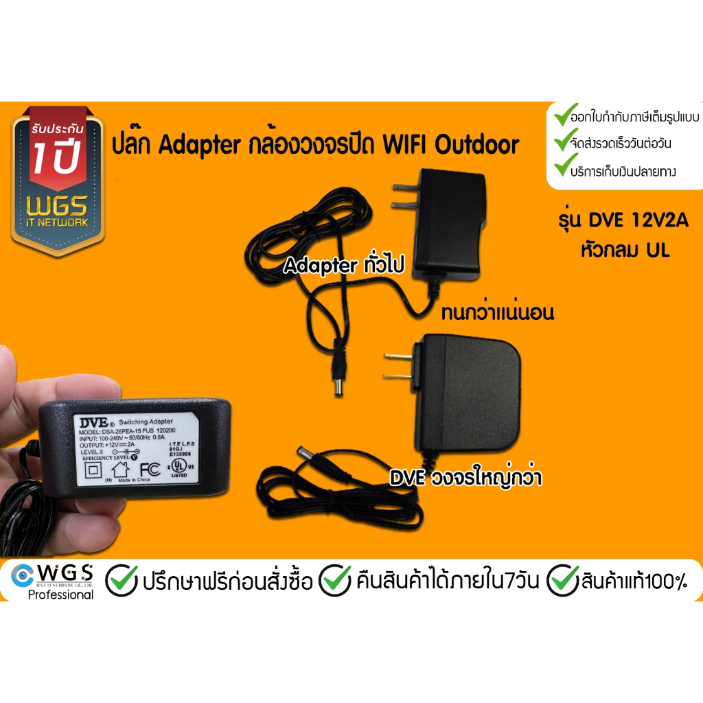 DVE Adapter สำหรับกล้องวงจรปิด IP OUTDOOR 12V2A มาตราฐาน UL ทนทานเเน่นอน ประกัน1ปี