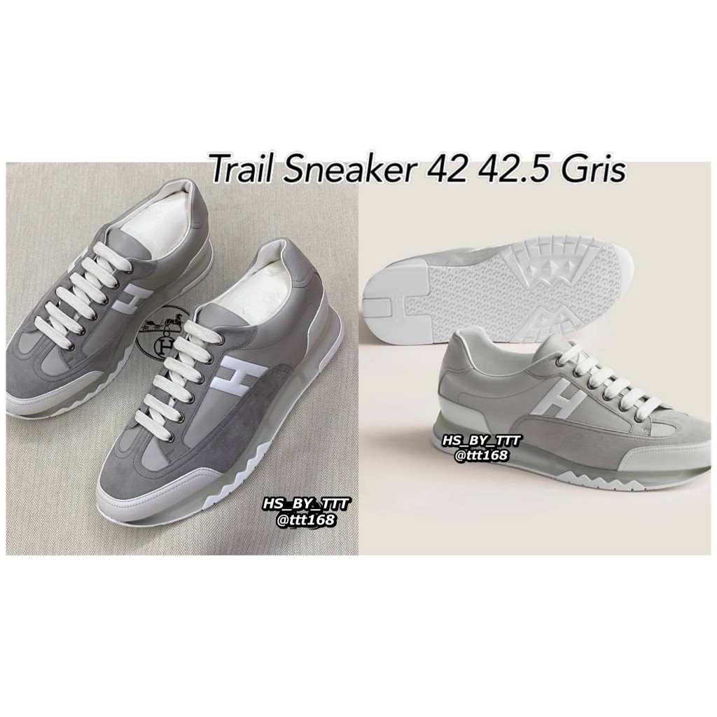 Hermes Trial sneaker Men Trainer รองเท้าผ้าใบ ผู้ชาย หนังสีเทาขาว Size 42.5 ของแท้