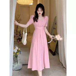 【EVIOVIO】🌈S-4XL👗เดรสยาว แขนพอง คอเหลี่ยม มีสายรัดเอวเข้ารูป สง่างาม ใส่ทำงาน เดรสสาวอวบ พลัสไซซ์