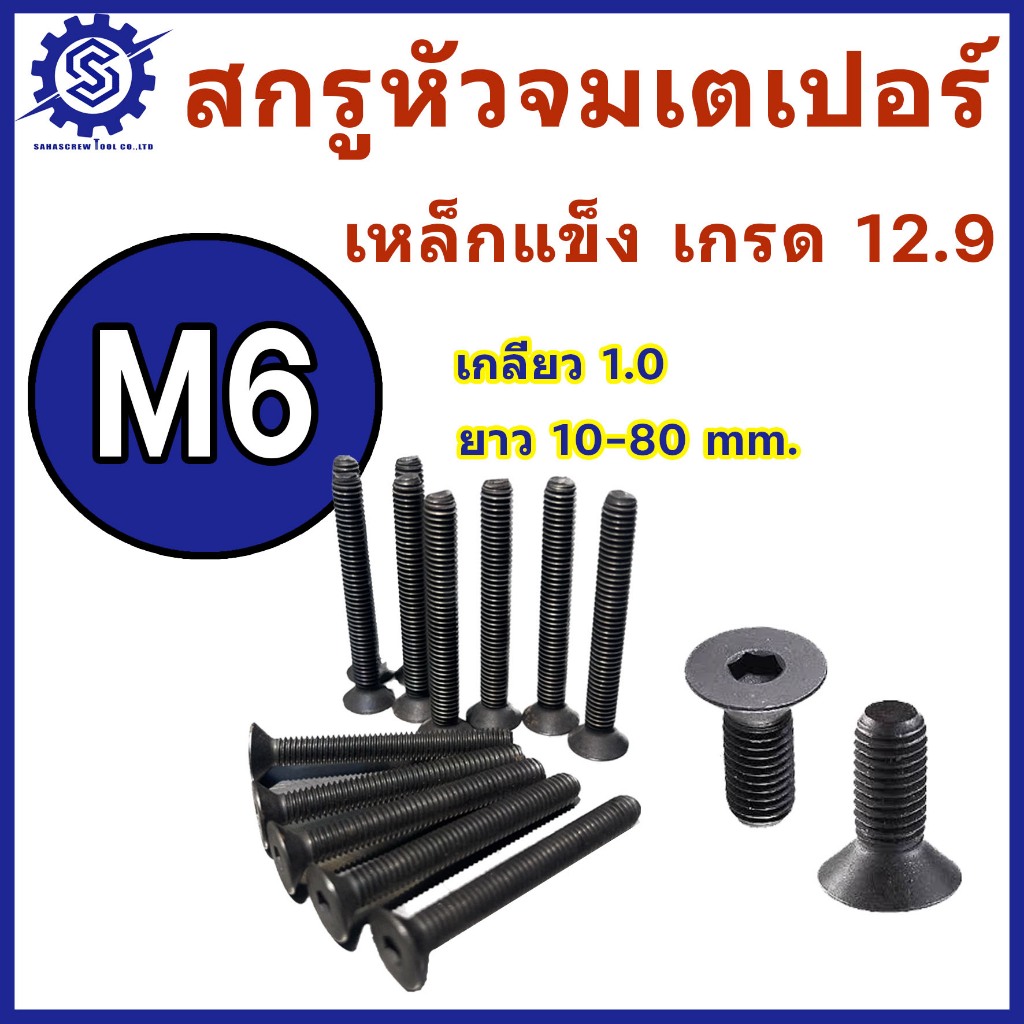 สกรูหัวจมเตเปอร์ ขนาด M6 เกลียว1.0 เหล็กแข็ง เกรด 12.9 ยาว 10 - 80 mm. แพ็ค 5-10 ตัว #สกรูหัวจมเตเปอร์ #น็อตหัวจม #น็อต