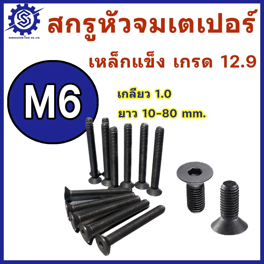 สกรูหัวจมเตเปอร์ ขนาด M6 เกลียว1.0 เหล็กแข็ง เกรด 12.9 ยาว 10 - 80 mm. แพ็ค 5-10 ตัว #สกรูหัวจมเตเปอร์ #น็อตหัวจม #น็อต