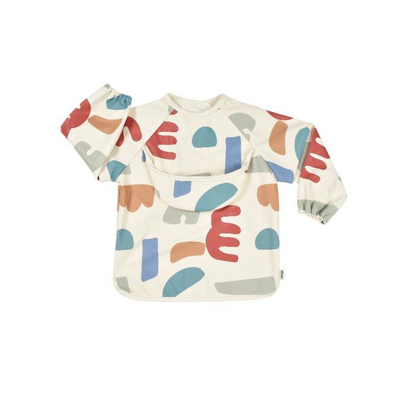 BEABA เสื้อกันเปื้อน 2 in 1 Bib with Removable Sleeves and Pocket - Playful Off-White