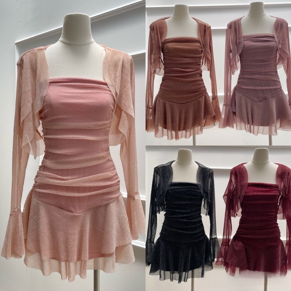 C10 - ชุดเซ็ต ผ้าตาข่ายกลิตเตอร์ เดรส+เสื้อคลุม