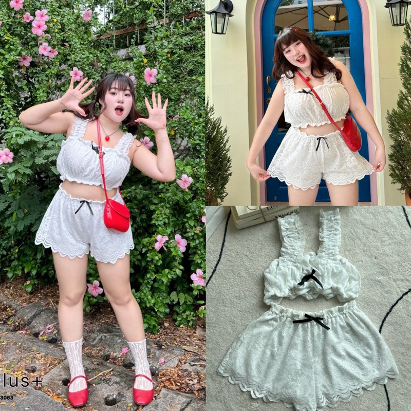 (WR) เซต เสื้อกล้าม+กางเกงขาสั้น ผ้าลูกไม้ทั้งตัว ติดโบว์ มีซับใน น่ารักมากๆ เสื้อผ้าสาวอวบอ้วน พลัสไซส์ ไซส์ใหญ่