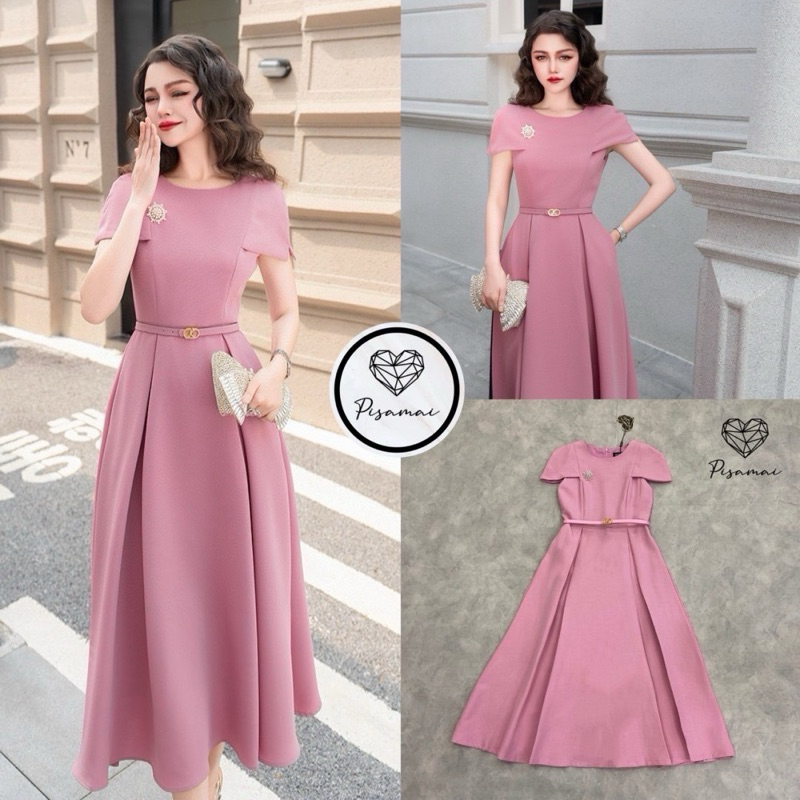 M11 งานป้าย Pisamai Dress ชุดเดรสยาวคลุมไหล่+เข็มกลัด+เข็มขัด สำหรับผู้หญิง เสื้อผ้าแฟชั่นผู้หญิง ไซส์ S-XL