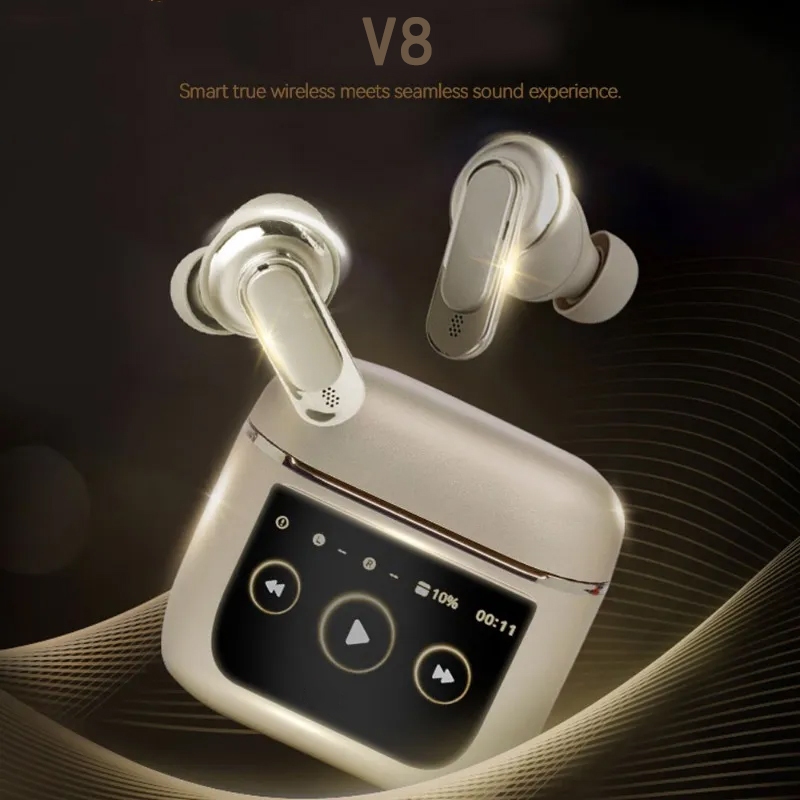 V8 หูฟังบลูทูธพร้อมหน้าจอทัชสกรีน หูฟังบลูทูธ บลูทูธ 5.4 เวอร์ชั่นล่าสุด ทำทุกอย่างผ่านกล่องได้เลย เสียงดี เบสแน่น
