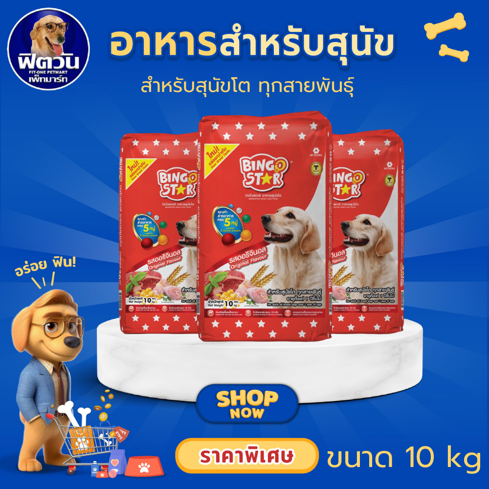 BINGO STAR Adult อาหารเม็ดสำหรับสุนัขโตทุกสายพันธุ์ ขนาด 10 กิโลกรัม{อาหารสุนัขเม็ด}