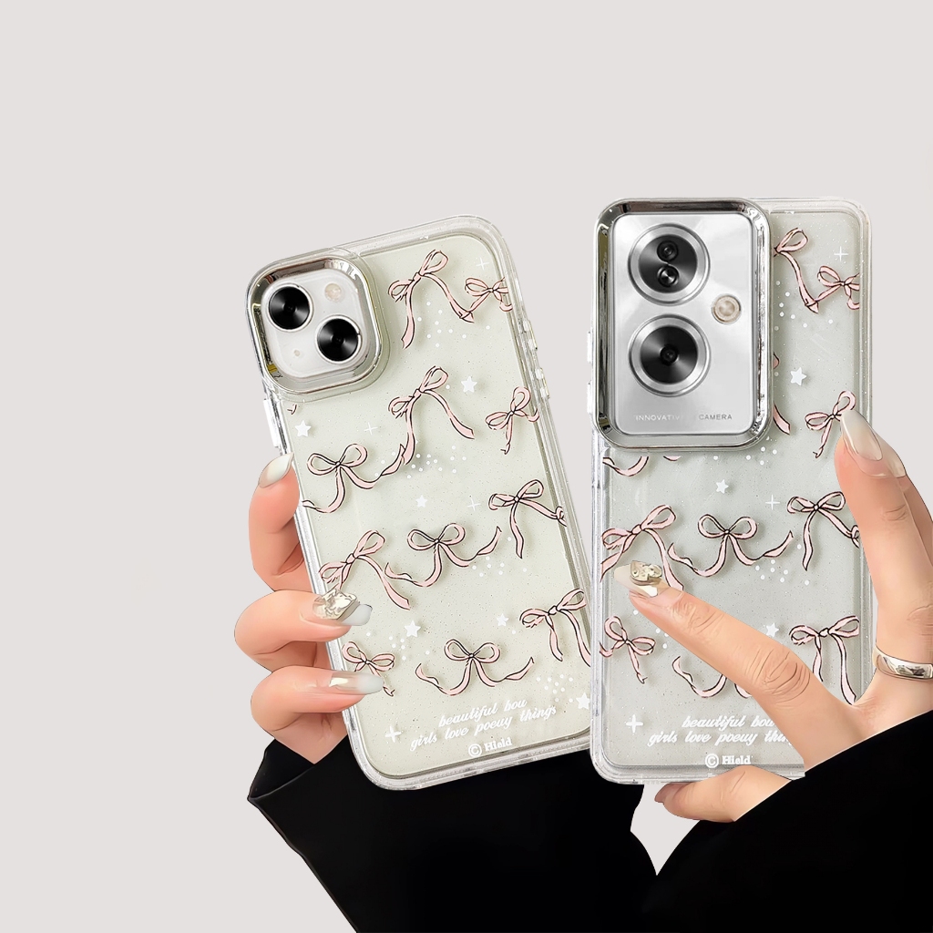 เคสกล้องขอบเงิน ลายโบว์ สำหรับไอโฟน 7plus 8plus XR 11 12 13 14 15 Pro max 15plus 12Promax 13Promax 14Promax 15Promax