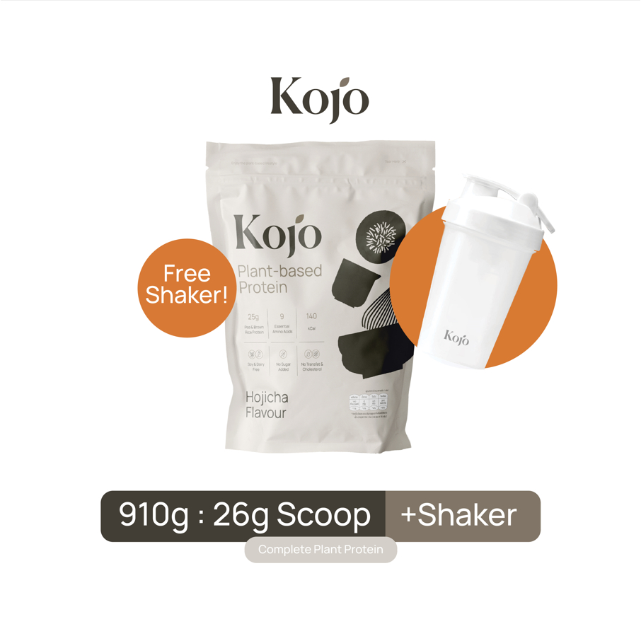 Bag + Shaker Set: Kojo Plant Based Protein Hojicha Flavour (910g) โปรตีนจากพืชรสโฮจิฉะ 1 ถุง+แก้วเชค