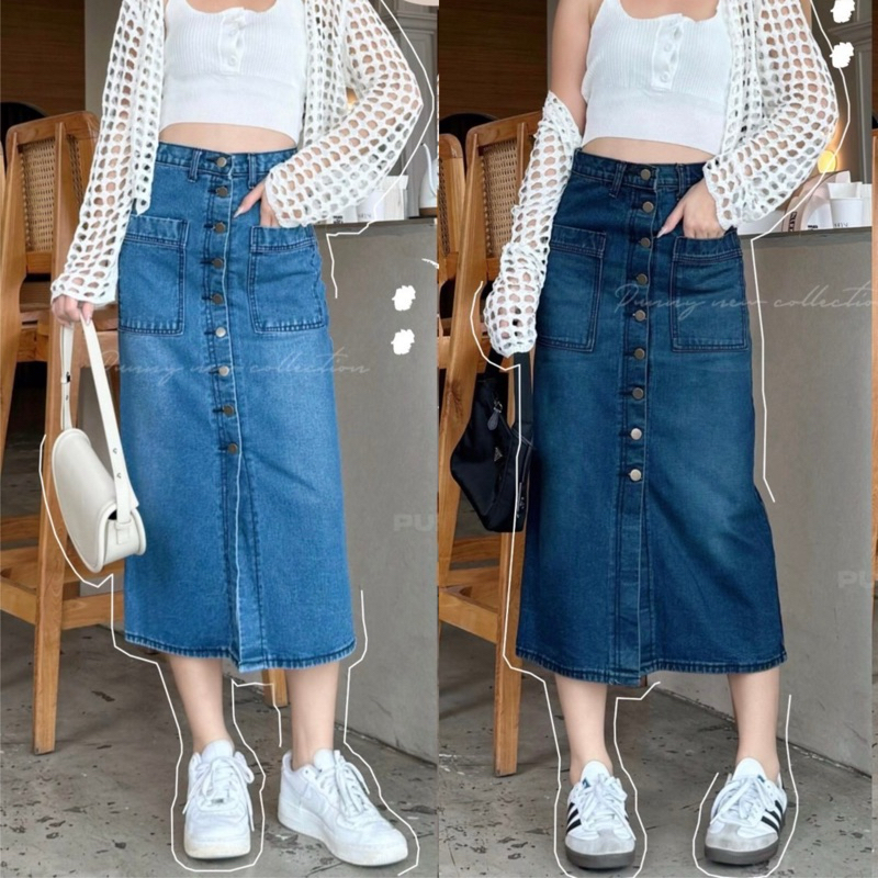 ไซส์S~40 กระโปรงยีนส์ยาวเอวสูงกระดุมหน้าผ้าไม่ยืด มีไซส์สาวอวบ bigsize