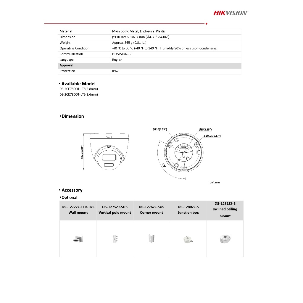 HIKVISION กล้องวงจรปิดระบบ HD 2MP Smart Hybrid Light พูดคุยโต้ตอบได้ รุ่น DS-2CE78D0T-LTS 2.8mm