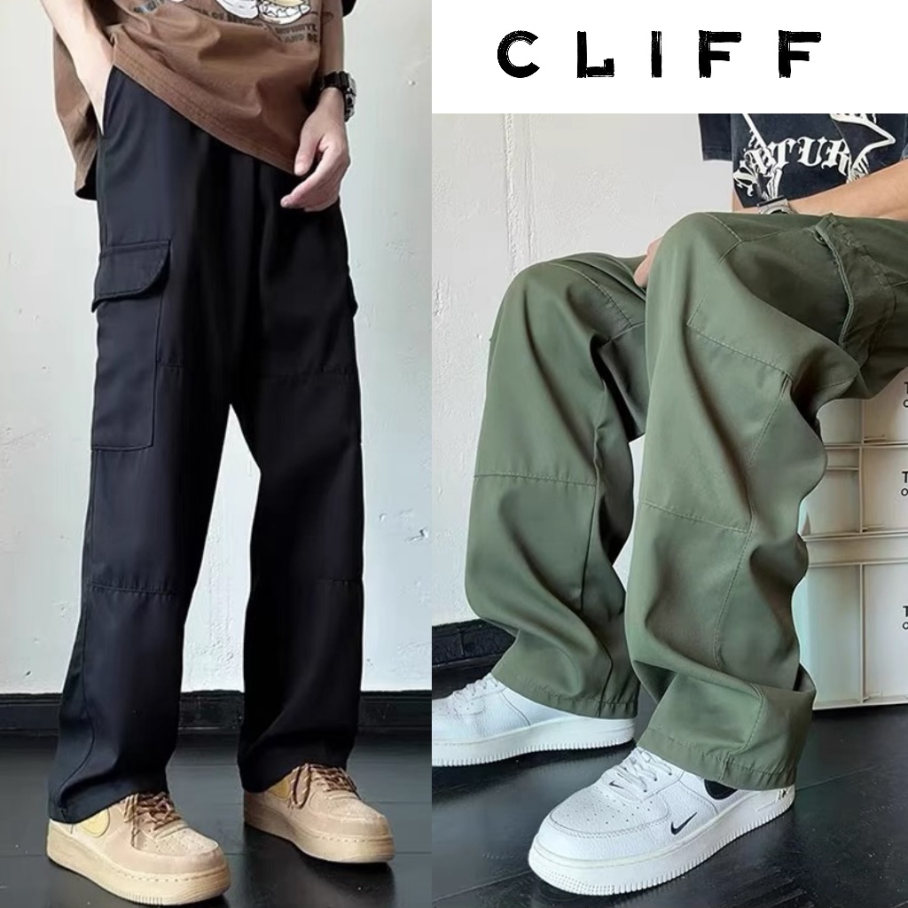 CLIFF กางเกงขายาวผู้ชาย ทรงหลวมทรงตรง กระเป๋าขนาดใหญ่ กางเกงทำงาน แมทช์ลุคง่าย สไตล์อเมริกันวินเทจ