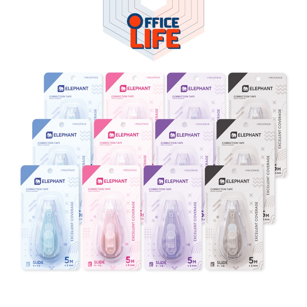 Elephant (ตราช้าง) เทปลบคำผิด เทปลบ รุ่น SLIDE สไลด์ ขนาด 5mm. x 5m. ( 12ชิ้น / กล่อง คละสี )