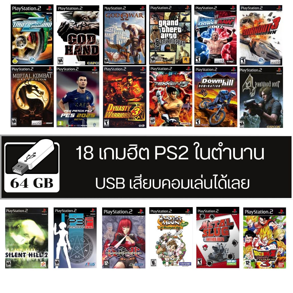 [USB แฟลชไดร์ฟ 64GB] 18 เกมฮิต PS2 ในตำนาน เสียบคอมเล่นได้เลย