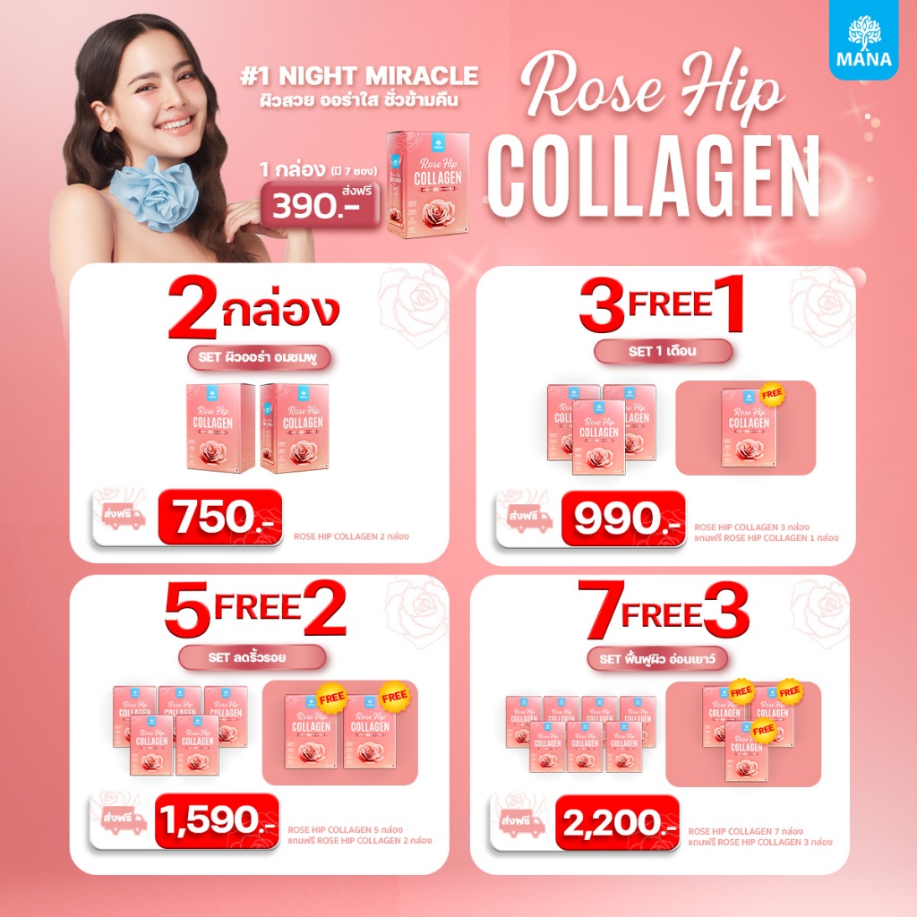 [ส่งฟรี] Mana Rosehip collagen ผิวออร่า ผิวลืน อิ่มฟู ชุ่มชื้น ผิวขาว ริ้วรอย รอยดำ เสริมผิวสวยธรรมชาติ ผิวใส