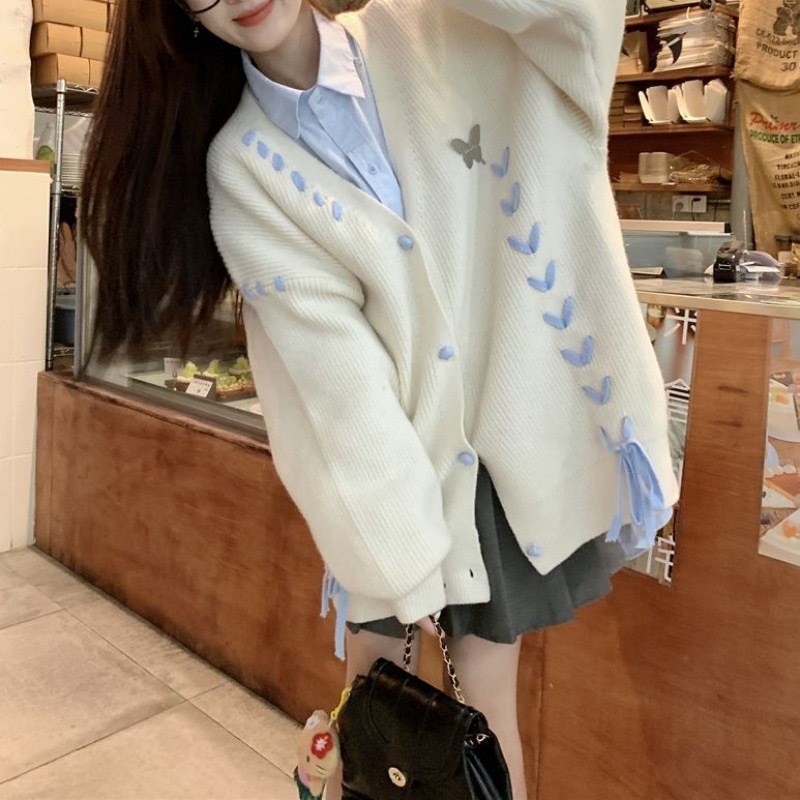 เสื้อกันหนาวไหมพรม แขนยาว แบบกระดุม ผ้าหนานุ่ม ทรงหลวม ใส่สบาย