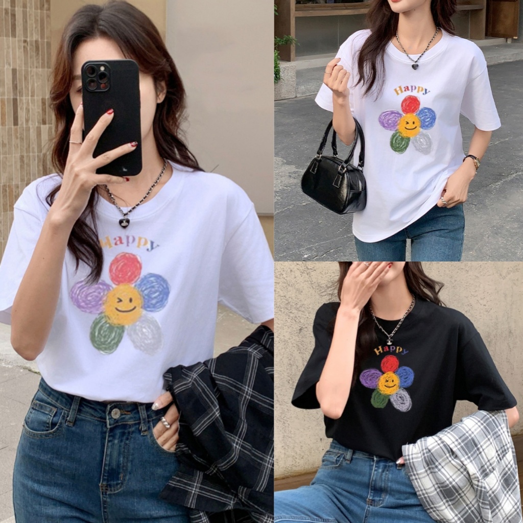 Beryl สไตล์เกาหลี chic เสื้อยืดแขนสั้นสีขาวทรงหลวม
