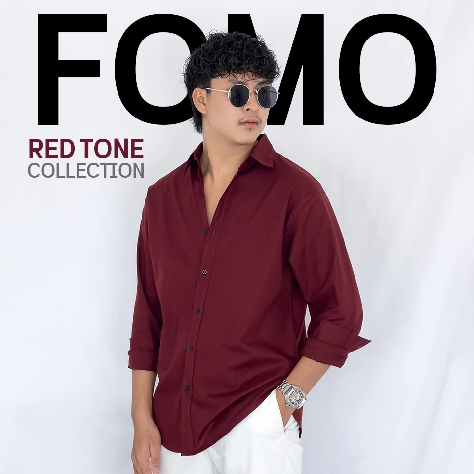 Fomo-เชิ้ตแขนยาว สีแดงเบอร์กันดี้ **เช็คไซซ์จากตางรางไซซ์ของทางร้านเท่านั้น** เสื้อเชิ้ตโทนสีแดง
