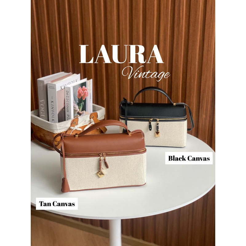LAURA VINTAGE SIZE 27x10x19 cm หนังวัวเเท้ตัดเย็บร่วมกับผ้า Canvas งานสวย ทรงสวย ดูดี ภายในสะอาด ซับในผ้ากำมะหยี่