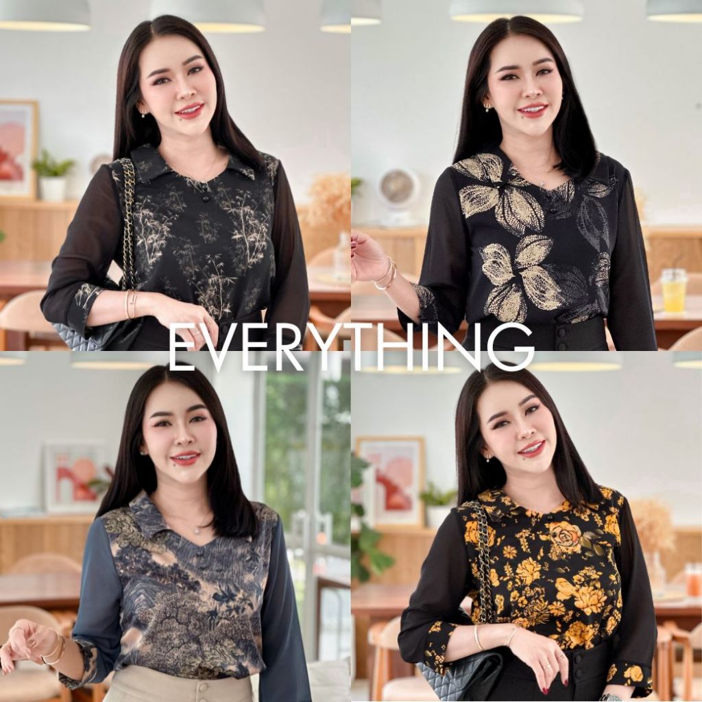 Everything2019 (1972) เสื้อคอปกแขน 5 ส่วน แขนซีทรูดูหรูมาก แต่งกระดุม2เม็ดแบบเก๋ๆ XS-3XL พร้อมส่ง