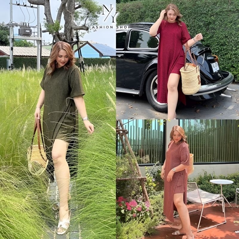 พร้อม.ชุดเข้าเซ็ทกางเกงขาสั้น + เสื้อตัวยาวผ่าข้าง สาวอวบ 32 - 48 นิ้ว.ผ้ายืดท็อฟฟี่
