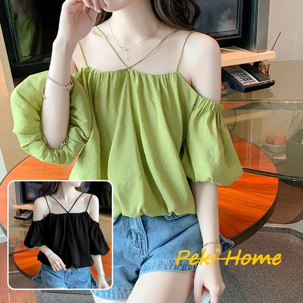 เสื้อเบลาส์เปิดไหล่สีพื้นแขนพอง ดีไซน์ทรงหลวม แฟชั่นฤดูร้อน