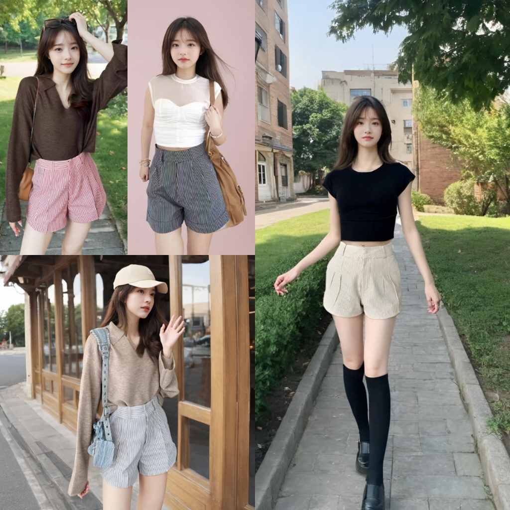 กางเกงขาสั้นริ้วยีนส์เอวสูงทรงสวย ตะขอมีหูเข็มขัด ดีไซน์ลายริ้วสลิม กระชับรูปร่างและทันสมัย