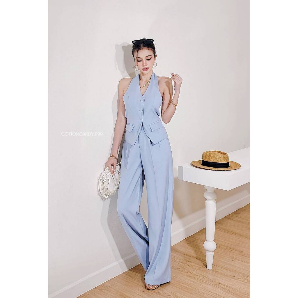 #CottonCandy #New So​ Sweet​ Korea Set #ชุดเซทโทนสีพาสเทลเสื้อคล้องคอเว้าหลังแมทช์กางเกงขายาว #มี3สี