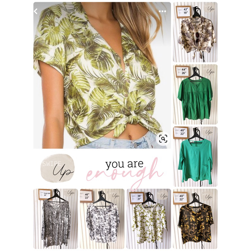 เสื้อครอป คอปก ผูกเอว ลายใบไม้สีน้ำตาลเบจ  แบรนด์ 6IXTY8IGHT สวยๆ