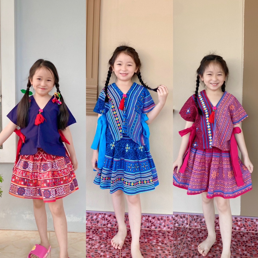 เสื้อ+กระโปรง เด็กดอย เสื้อกะเหรี่ยงแต่งโบว์งานผ้าฝ้ายแท้