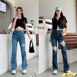 📌กางเกงยีนส์ผู้หญิงเอวสูงทรงขาม้าผ้ายืดแต่งขาดมีไซส์ใหญ่ให้เ…