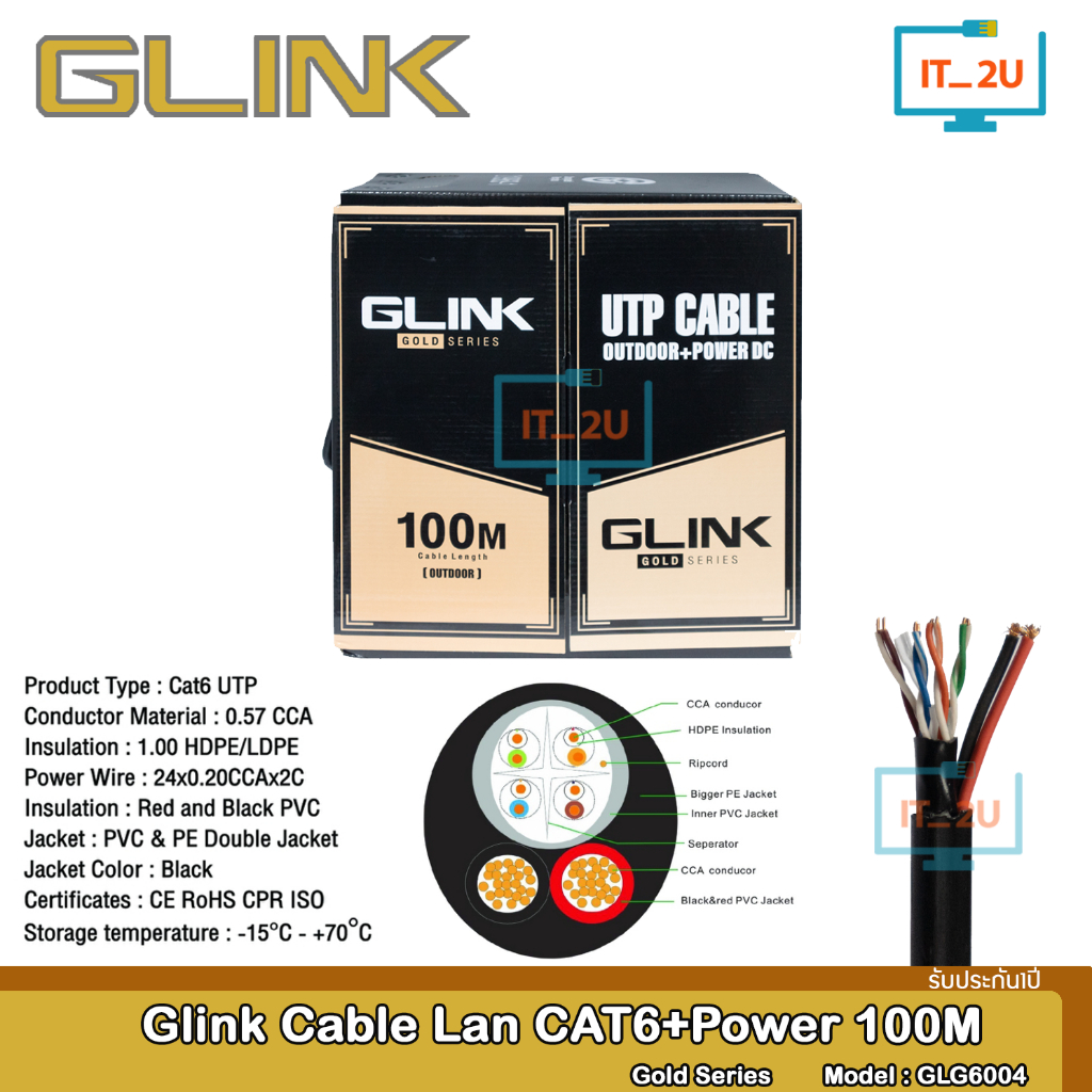 Gllink Gold Series Cable Lan Cat6 + Power DC 100M GLG6004 (สำหรบใช้ภายนอก) สายแลนจีลิงค์