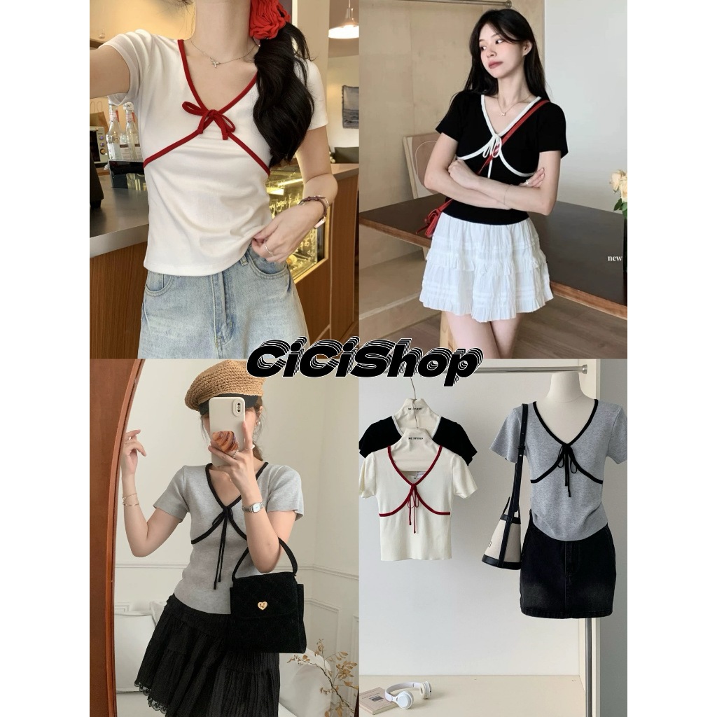 Cicishop (Y9323) เสื้อไหมคอวี แต่งโบว์ขอบสี เข้ารูป ยืดเยอะ หลายสีสัน