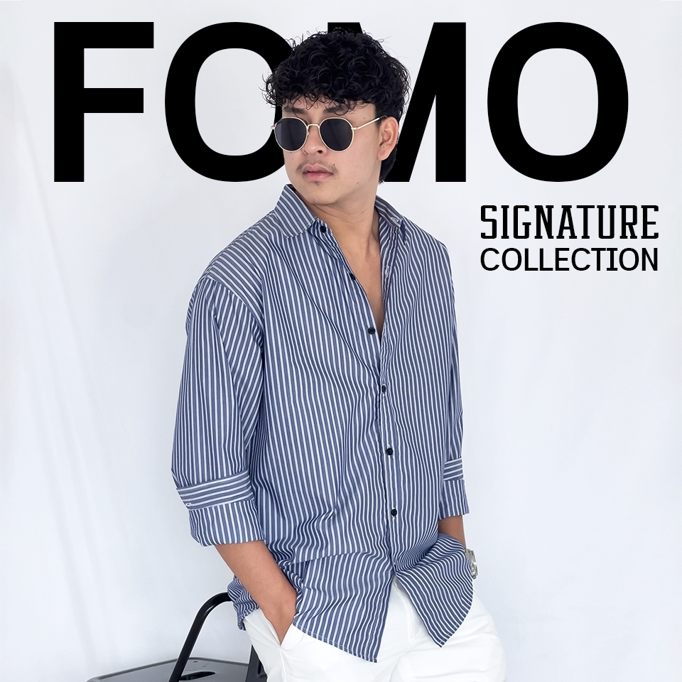 Fomo-เชิ้ตแขนยาว สีกรมลายทาง เชิ้ตลายทาง