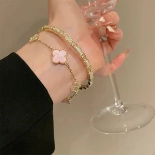 สร้อยข้อมือ ประดับเพทาย รูปดอกซากุระ สีชมพู สี่แฉก หรูหรา เครื่องประดับ สําหรับผู้หญิง