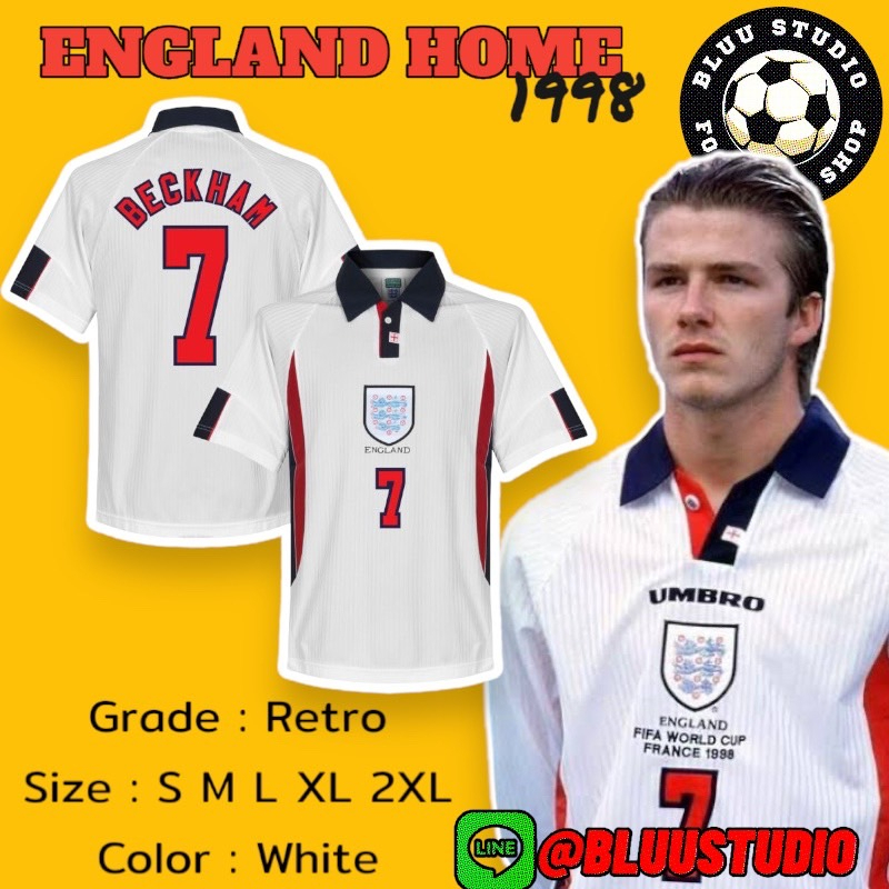 bluu พร้อมส่งจากไทย เสื้อบอลย้อนยุค อังกฤษ เหย้า ปี 1998 (พร้อมชื่อเบอร์ BECKHAM #7) เกรดพรีเมี่ยม England Home 1998