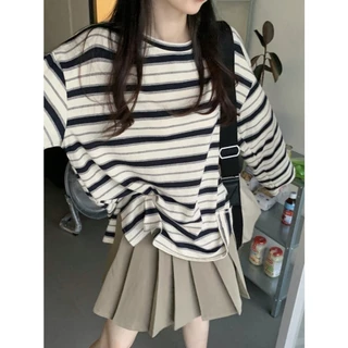 FASHION.61💗 เสื้อยืดเเขนยาว ลายริ้ว ทรงหลวม เนื้อผ้าดีผ้ายืด ไม่ร้อน รุ่นW6916