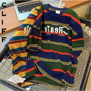 CLIFF -COD✅เสื้อยืดผู้ชาย ขอบลายสี คอกลมแขนสั้น ชุดคู่รัก แมทช์ลุคง่าย แบบหลวม ลำลอง