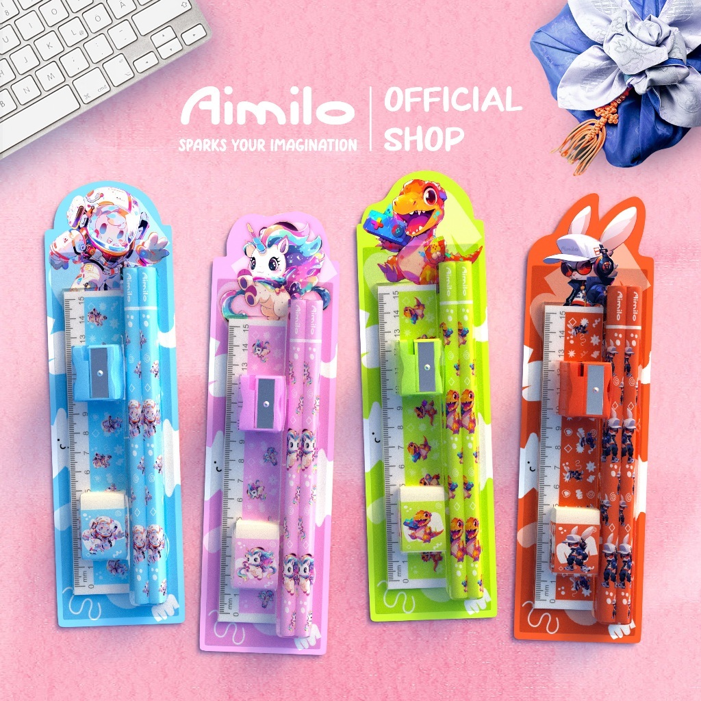 Aimilo พร้อมจัดส่ง ชุดดินสอ เครื่องเขียนตัวการ์ตูน ดินสอ กบเหลา ยางลบ ไม้บรรทัด ครบเซ็ท