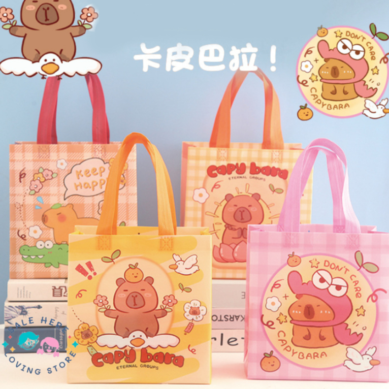 พร้อมส่ง กระเป๋าถือ คาปิบาร่า ถุงหิ้วช้อปปิ้ง ถุงผ้าไม่ทอ T203 ผ้าสปันบอนด์ กันน้ำ พกพาสะดวก ขายเป็นใบ ลายการ์ตูนน่ารักๆ
