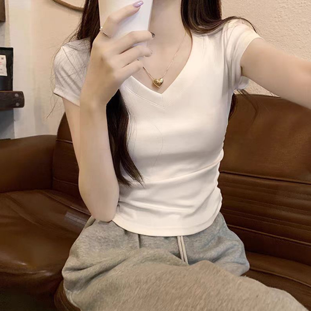 Hotgirl พร้อมส่ง เสื้อรัดรูป เสื้อคอวี ยืดแขนสั้น ผู้หญิงแฟชั่น สีพื้น สไตล์เกาหลี คอวี ทรงเข้ารูปขั้นพื้นฐาน