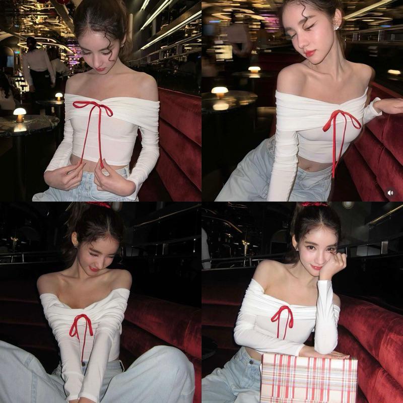 mnv_shop พร้อมส่ง ทรงปาดไหล่ย่นๆ แขนยาวแต่งโบว์ ดูแพงเวอร์ ทรงปาดไหล่ งานขายดี ผ้าเรยอนเนื้อดี ยืดเยอะ