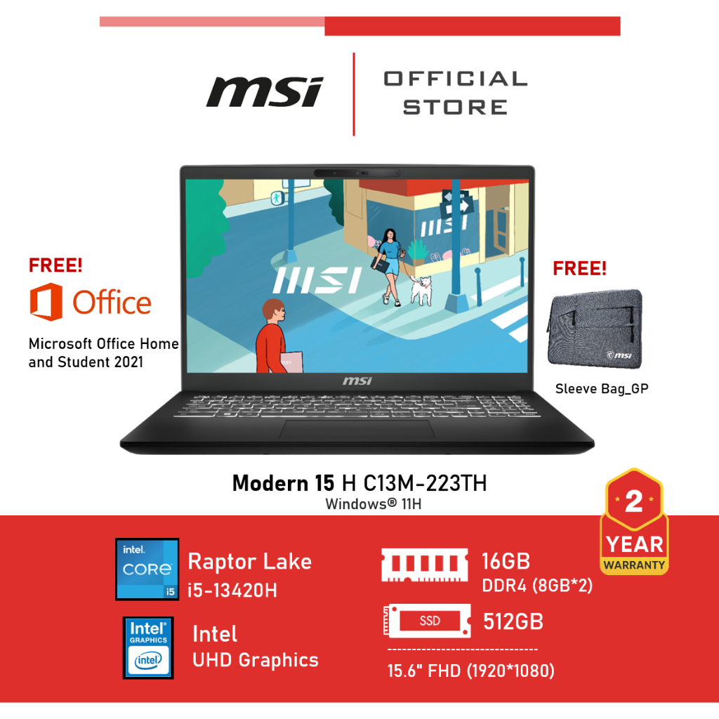 MSI Modern 15 H C13M-223TH (Raptor Lake i5, DDR IV 8GB*2, 15.6" FHD) Notebook, Laptop