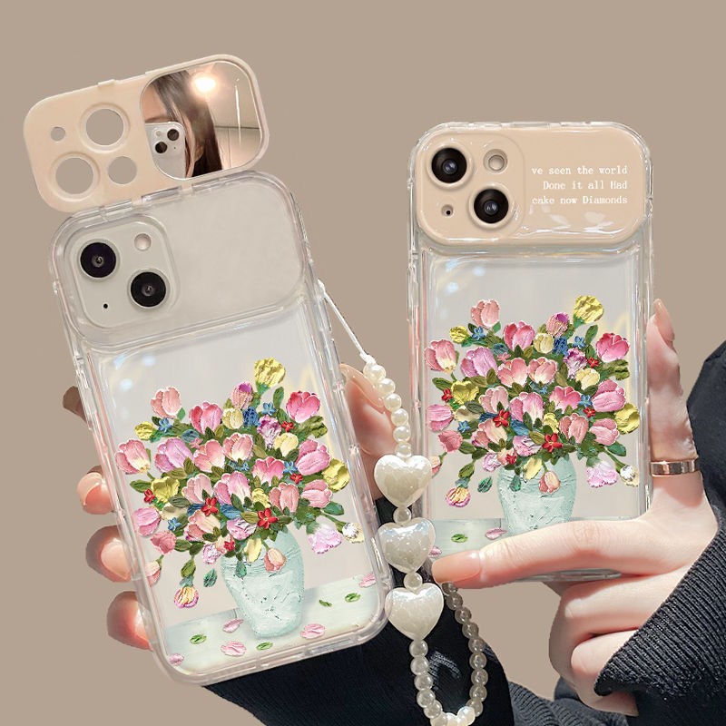 น่ารัก Graffiti มอนสเตอร์ภาพวาดสีน้ำมันช่อดอกไม้กับกระจกสำหรับ iPhone 11 15 14 12 Pro MAX 7 8 14 Plus XS MAXลายการ์ตูน